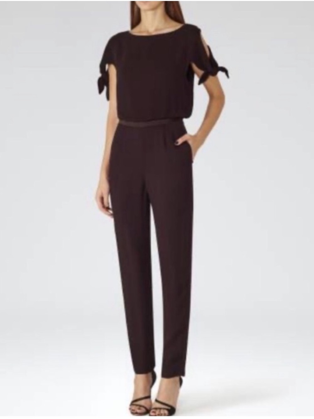 Reiss Bordeaux Tie Sleeve Jumpsuit Crepe Tuxedo UK10 US6
